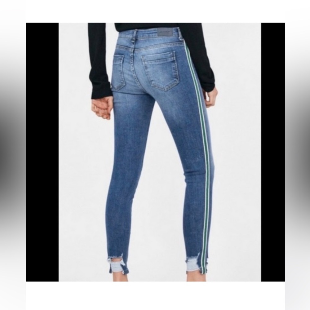 EUC - Zara Blue Skinny Jeans with Green Stripe (waist 16”) - Picture 2 of 7